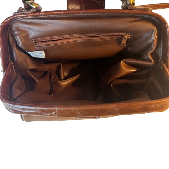 Vtg Brown Leather Croc Trim Doctor Bag Satchel Handbag Crossbody Strap Old Money - Picture 7 of 13